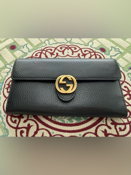 Gucci Handbags - Gucci Black Leather Wallet with Gold Interlocking G